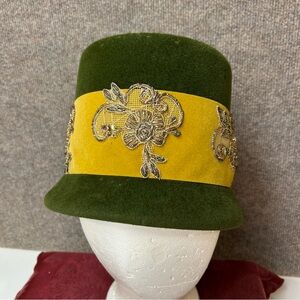 Mr Joseph’s Vintage Felt Bucket Hat  Green Yellow - Metallic‎ Floral Appliqué
